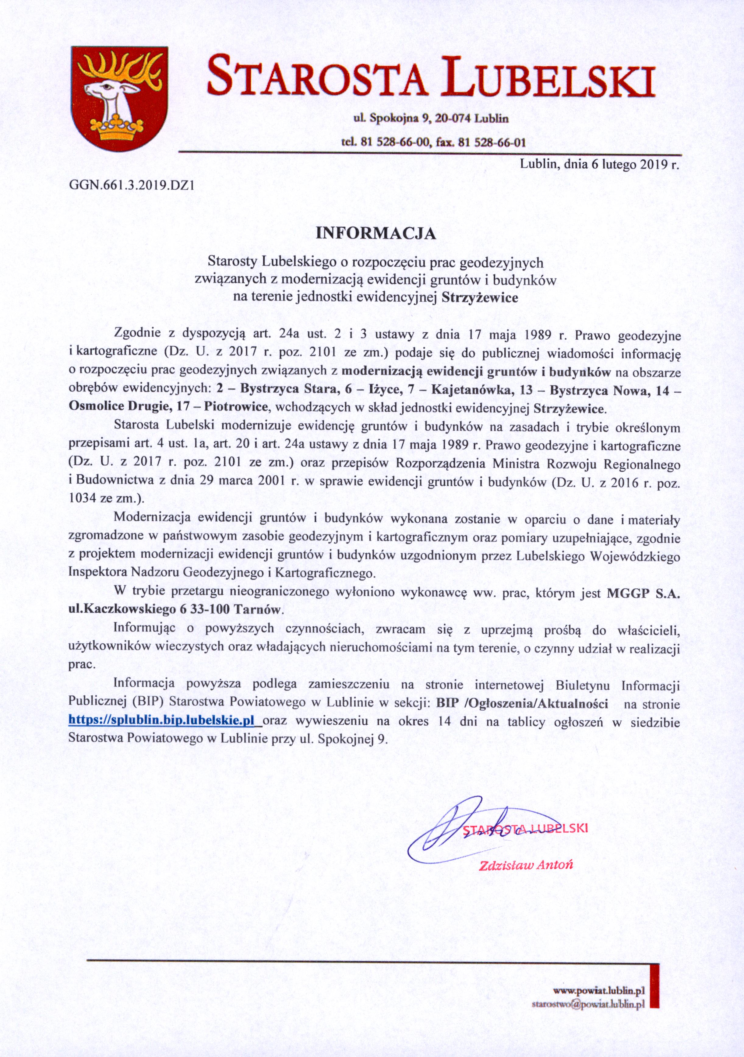 Informacja Starosty Lubelskiego - modernizacja ewidencji gruntów i budynków 